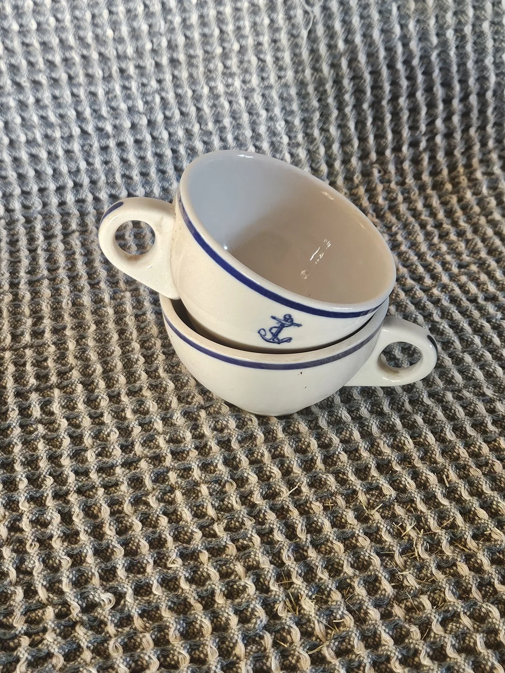 White Ceramic Soup Bowls with Blue Trim and Anchor Accent - Set of 2